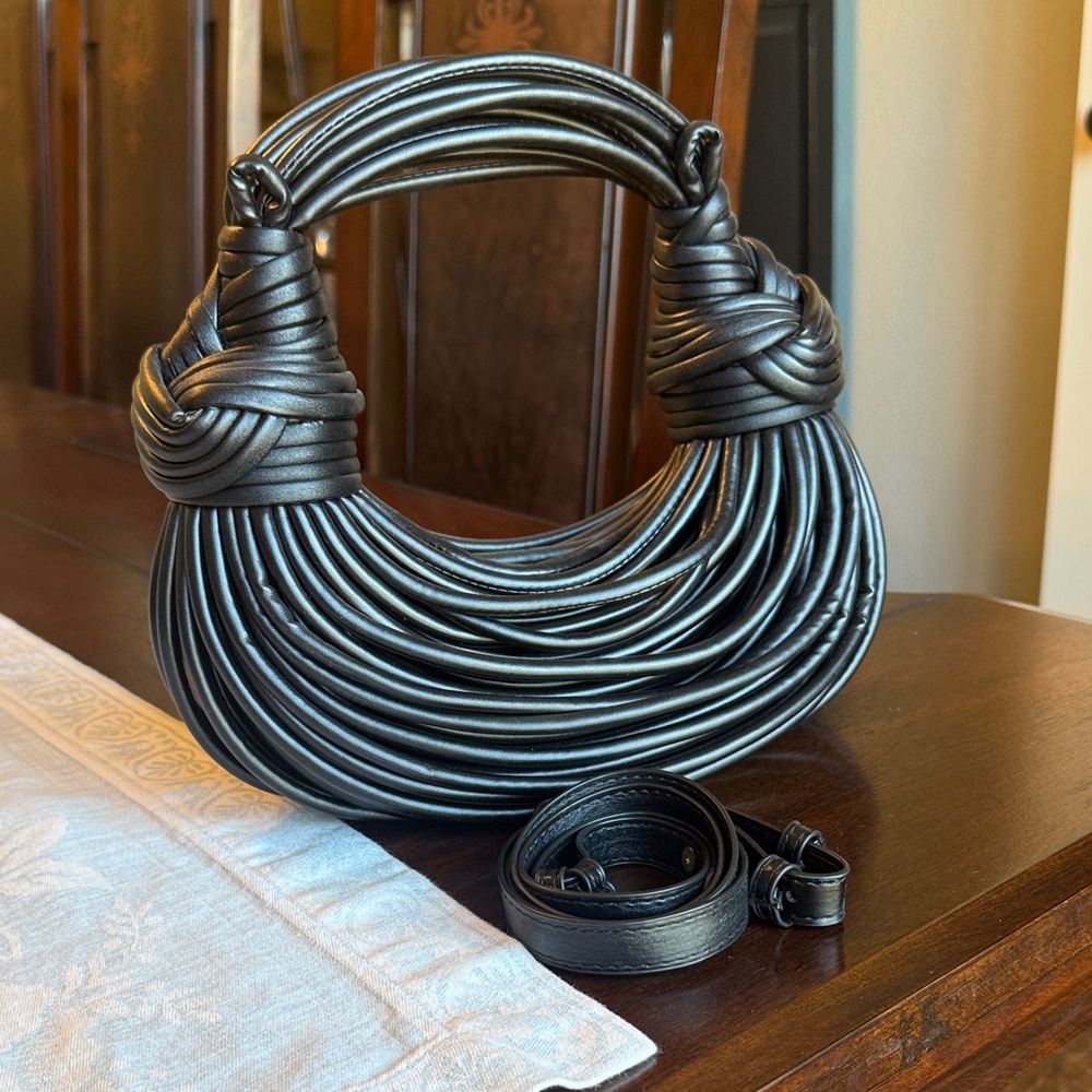 Black Sculptural Knot Handle Leather Shoulder Bag